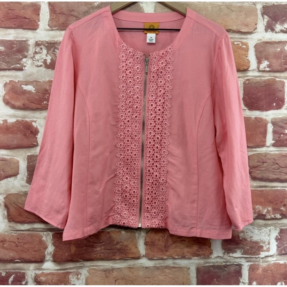 Ruby Rd Jacket Women's 18 Pink Linen Blend Floral Lace Trim Lightweight Blazer